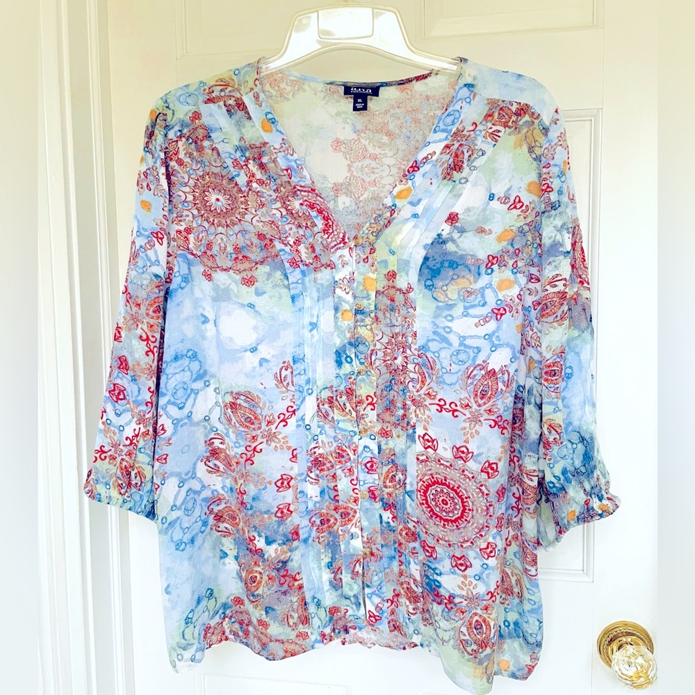 Watercolor blue button down blouse by ANA in sky blue, green and red size XL